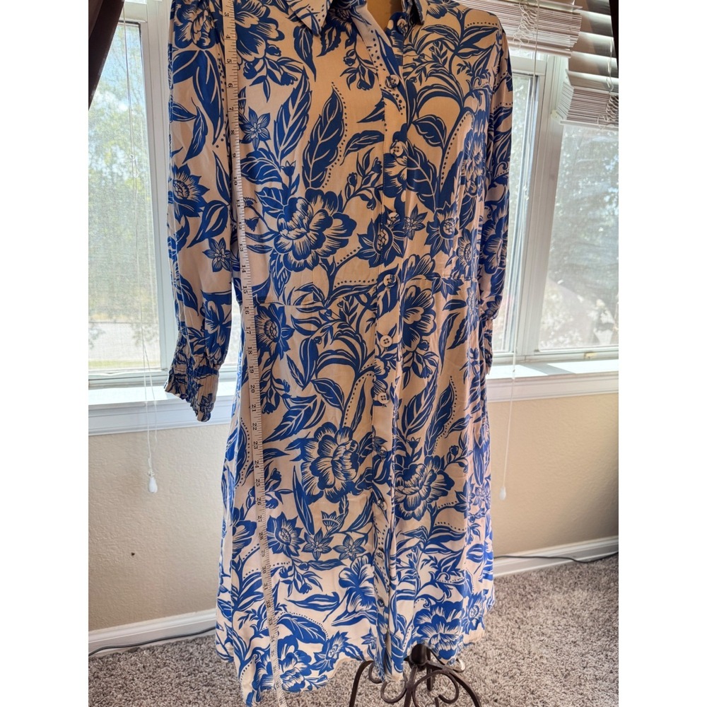 Blue Floral Button Down Shirt Dress Smocked Cuff Elastic Waist Midi Blue Cream - Picture 7 of 7
